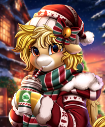 Size: 2571x3098 | Tagged: safe, artist:pridark, oc, oc:fiona, pegasus, pony, bust, christmas, commission, cute, holiday, outdoors, smiling, starbucks, ych result