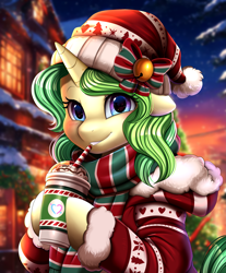 Size: 2571x3098 | Tagged: safe, artist:pridark, oc, oc:dr switch-a-roo, pony, unicorn, bust, christmas, commission, drinking straw, holiday, horn, outdoors, smiling, starbucks, ych result