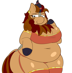 Size: 2240x2260 | Tagged: safe, artist:blitzyflair, oc, oc only, oc:pixel cache, kirin, anthro, belly, bra, chubby, clothes, fat, female, garter belt, hand on belly, kirin oc, mare, obese, rule 63, simple background, smiling, socks, solo, thigh highs, thighs, underwear