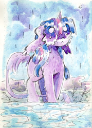 Size: 2048x2856 | Tagged: safe, artist:larvaecandy, twilight sparkle, pony, unicorn, g4, horn, leonine tail, rain, solo, tail, unicorn twilight