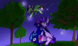 Size: 3206x1924 | Tagged: safe, artist:catcathry, oc, oc only, oc:lunar glaze, oc:purple hole, oc:shiny dust, alicorn, bat pony, bat pony alicorn, unicorn, bat wings, flying, horn, hug, stars, wings