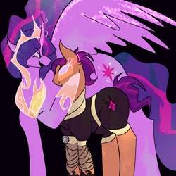 Size: 1280x1280 | Tagged: safe, sunny starscout, twilight sparkle, alicorn, earth pony, g5, armor, ethereal mane, evil twilight, manipulation, pink eyes, possession, short mane, short tail, starry mane, starry tail, tail, twilight sparkle (alicorn), white pupils