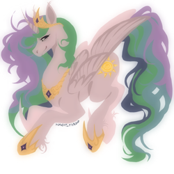 Size: 2285x2285 | Tagged: safe, artist:mdnght-thndr, princess celestia, alicorn, pony, crown, female, folded wings, hoof shoes, jewelry, mare, peytral, profile, regalia, signature, simple background, smiling, solo, white background, wings