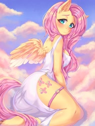 Size: 1536x2048 | Tagged: safe, artist:helenwoodsr, fluttershy, pegasus, anthro, g4, clothes, cloud, dress, female, nipples, nudity, on a cloud, wings