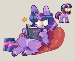 Size: 1060x874 | Tagged: safe, artist:rraimu, twilight sparkle, pony, unicorn, pony town, g4, alternate design, beanbag chair, bookhorse, female, glasses, gray background, hoof hold, horn, lying down, mare, on back, pale belly, reading, round glasses, simple background, sitting, smiling, solo, stars, unicorn twilight, unshorn fetlocks