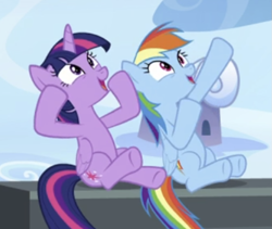 Size: 871x736 | Tagged: safe, screencap, rainbow dash, twilight sparkle, alicorn, pegasus, pony, g4, my little pony: friendship is magic, top bolt, cropped, cute, dashabetes, duo, excited, open mouth, sitting, twiabetes, twilight sparkle (alicorn)