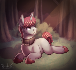 Size: 1539x1412 | Tagged: safe, artist:bkiltersot, joli rouge, pony, unicorn, g5, bush, clothes, commissioner:dragonpone, crepuscular rays, forest, frown, horn, looking up, lying down, male, nature, outdoors, prone, scarf, signature, solo, stallion, tail, tree, unshorn fetlocks