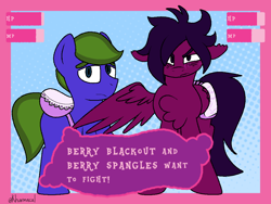 Size: 1024x768 | Tagged: safe, artist:kharmacal, oc, oc only, oc:berry blackout, oc:berry spangles, earth pony, pegasus, caption, chest fluff, duo, ear fluff, image macro, looking at you, passepartout, text