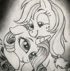 Size: 600x604 | Tagged: safe, artist:raveneesimo, applejack, rarity, earth pony, unicorn, cute, female, freckles, hatless, horn, hug, jackabetes, mare, missing accessory, monochrome, pencil drawing, raribetes, sketch, traditional art