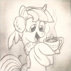 Size: 600x593 | Tagged: safe, artist:raveneesimo, twilight sparkle, unicorn, chocolate, clothes, cute, earmuffs, female, food, horn, hot chocolate, mare, scarf, sketch, solo, traditional art, twiabetes, unicorn twilight