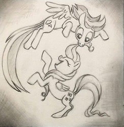 Size: 711x729 | Tagged: safe, artist:raveneesimo, fluttershy, rainbow dash, cute, dashabetes, eyes closed, monochrome, pencil drawing, shyabetes, sketch, traditional art