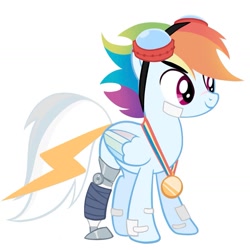 Size: 1165x1165 | Tagged: safe, artist:tsunqi, rainbow dash, pegasus, pony, g4, alternate design, amputee, band-aid, bandage, colored wings, female, folded wings, goggles, goggles on head, gold medal, lightning, mare, medal, mismatched mane and tail, multicolored wings, no eyelashes, nose scar, prosthetic leg, prosthetic limb, prosthetics, rainbow wings, redesign, scar, simple background, solo, standing, tail, white background, white tail, wings