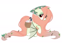 Size: 1947x1356 | Tagged: safe, artist:tsunqi, fluttershy, bat pony, butterfly, pony, rabbit, g4, alternate design, animal, basket, bat ponified, bat wings, braid, braided tail, clothes, colored wings, ears back, facial markings, female, flower, flutterbat, gradient mane, gradient tail, headkerchief, impossibly long mane, impossibly long tail, leaves, leaves in hair, leaves in mane, leaves in tail, lidded eyes, long mane, mare, mealy mouth (coat marking), race swap, raised hoof, red eyes, redesign, simple background, socks, solo, standing, tail, twigs in hair, twigs in mane, twigs in tail, two toned wings, unshorn fetlocks, white background, wings, wings down