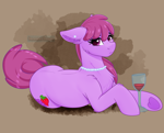 Size: 1946x1576 | Tagged: safe, artist:decemberbreeze, berry punch, berryshine, earth pony, pony, g4, alcohol, drink, ear piercing, earring, female, glass, jewelry, looking at you, lying down, mare, necklace, pearl necklace, piercing, solo, wine, wine glass