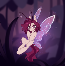 Size: 1358x1374 | Tagged: safe, artist:crimmharmony, oc, oc:crimm harmony, breezie, antennae, breeziefied, ear fluff, ears up, flying, nervous, nervous smile, nonbinary, nonbinary oc, smiling, solo, sparkles, species swap, spread wings, wings