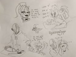 Size: 2048x1559 | Tagged: safe, artist:pony quarantine, oc, oc only, oc:dyx, oc:ponyquarantine, alicorn, human, pony, clothes, dialogue, duo, duo male and female, dyxcember, female, filly, foal, grayscale, hoodie, human male, knife, lidded eyes, male, monochrome, open mouth, open smile, pencil drawing, smiling, traditional art