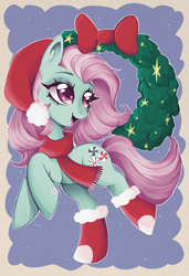 Size: 3398x4961 | Tagged: safe, artist:faelitha, minty, earth pony, pony, g3, bow, christmas, clothes, cute, female, hat, heart, holiday, mare, my little pony, pink hair, santa hat, scarf, sock, solo, wreath