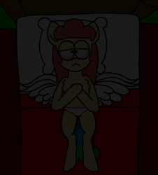 Size: 3023x3351 | Tagged: safe, artist:professorventurer, oc, oc:power star, pegasus, bed, bloodshot eyes, clothes, dark, depression, female, mare, night, panties, pegasus oc, rule 85, spread wings, super mario 64, underwear, wings