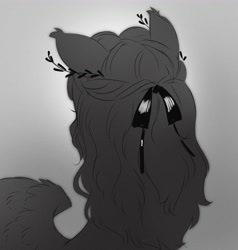 Size: 3895x4096 | Tagged: safe, artist:opalacorn, oc, oc only, oc:void, pegasus, pony, black and white, bow, bust, female, gradient background, grayscale, hair bow, laurel wreath, mare, monochrome, rear view, solo