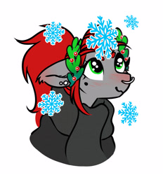 Size: 2708x2918 | Tagged: safe, artist:opalacorn, oc, oc:void, pegasus, pony, clothes, female, holly, laurel wreath, looking up, mare, mole, nose blush, nose piercing, nose ring, piercing, scarf, simple background, smiling, snow, snowflake, solo, wavy mouth, white background, winter