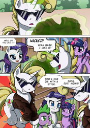 Size: 1204x1700 | Tagged: safe, artist:tarkron, rarity, spike, twilight sparkle, oc, oc:cosmo cool, alicorn, unicorn, comic:the royal sandal, g4, comic, horn