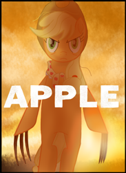 Size: 588x803 | Tagged: safe, applejack, earth pony, pony, g4, my little pony: friendship is magic, apple, bipedal, claws, crossover, food, marvel, movie poster, movie reference, parody, standing, sunset, wolverine, wtf, x-men