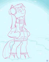 Size: 741x937 | Tagged: safe, artist:anonymous, pinkie pie, semi-anthro, boots, clothes, drawthread, female, hand in pocket, lidded eyes, pinkamena diane pie, relaxed, requested art, shoes, smiling, snow, solo, winter outfit