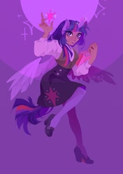 Size: 1409x2000 | Tagged: safe, artist:chattur, twilight sparkle, alicorn, human, g4, book, female, full body, glowing, glowing horn, horn, humanized, solo, stars, twilight sparkle (alicorn)