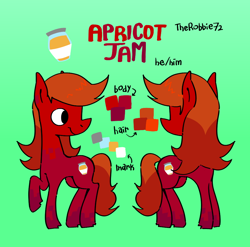 Size: 948x936 | Tagged: safe, artist:the---robbie72, oc, oc only, oc:apricot jam, earth pony, pony, gradient background, male, name, raised hoof, reference sheet, smiling, solo, stallion, text