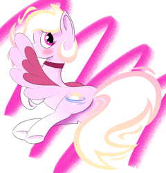 Size: 4734x4931 | Tagged: safe, artist:solarflare6041, oc, oc:solar flare, pegasus, pony, abstract background, blushing, gradient mane, looking at you, lying down, multicolored mane, pegasus oc, pink eyes, wings