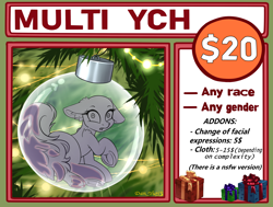 Size: 4400x3330 | Tagged: safe, alternate version, artist:yuris, pony, advertisement, ball, bauble, christmas, christmas ornament, christmas tree, commission, cute, decoration, frog (hoof), garland, glass, holiday, looking at you, looking back, micro, open mouth, sitting, solo, tree, underhoof, ych sketch, your character here