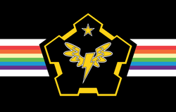 Size: 984x624 | Tagged: safe, artist:mustaphatr, equestria at war mod, black background, cloudsdale, flag, no pony, rainbow, simple background, stars, the new order: last days of europe, wonderbolts logo