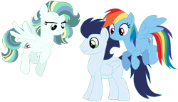 Size: 938x542 | Tagged: safe, artist:camomiie, rainbow dash, soarin', pegasus, pony, female, male, mare, offspring, parent:rainbow dash, parent:soarin', parents:soarindash, ship:soarindash, shipping, stallion, straight