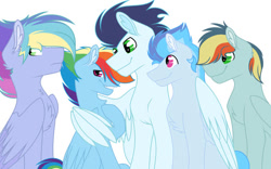 Size: 750x469 | Tagged: safe, artist:fluffy-fillies, rainbow dash, soarin', pegasus, pony, female, male, mare, offspring, parent:rainbow dash, parent:soarin', parents:soarindash, ship:soarindash, shipping, stallion, straight