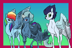 Size: 750x500 | Tagged: safe, artist:notaguitarfret, rainbow dash, soarin', oc, oc:hurricane wind, pegasus, pony, female, male, mare, offspring, parent:rainbow dash, parent:soarin', parents:soarindash, ship:soarindash, shipping, stallion, straight