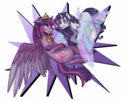 Size: 2500x2000 | Tagged: safe, artist:slapearl, rarity, twilight sparkle, alicorn, pony, unicorn, alternate hairstyle, butterfly wings, duo, duo female, eyeshadow, female, grin, horn, jewelry, lesbian, lipstick, makeup, markings, nlep, redesign, regalia, ship:rarilight, shipping, simple background, smiling, twilight sparkle (alicorn), unshorn fetlocks, white background, wings