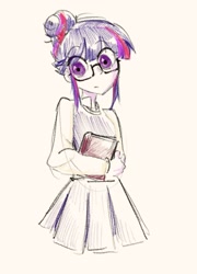 Size: 1136x1580 | Tagged: safe, artist:mulbeomstartrek, sci-twi, twilight sparkle, equestria girls, g4, book, clothes, cute, female, glasses, shirt, skirt, solo, traditional art, twiabetes