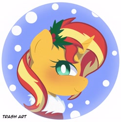 Size: 2028x2048 | Tagged: safe, artist:eltrash_art6, sunset shimmer, pony, unicorn, g4, blushing, christmas, clothes, coat, cute, female, fur coat, holiday, holly, holly mistaken for mistletoe, horn, icon, mare, shimmerbetes, snow, solo