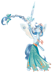 Size: 1164x1577 | Tagged: safe, artist:danielle star, alicorn, barely pony related, bipedal, butterfly wings, clothes, cora (melowy), crown, epic, female, ice sword, jewelry, mare, melowy, necklace, regalia, simple background, skirt, solo, sword, weapon, white background, windswept mane, wings