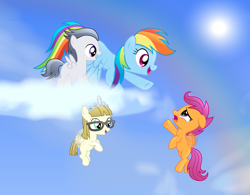 Size: 2773x2163 | Tagged: safe, artist:rainbownspeedash, rainbow dash, rumble, scootaloo, zippoorwhill, pegasus, pony, g4, buzzing wings, cheering, cloud, cloudy, colt, female, filly, foal, male, mare, scootaloo can fly, scootalove, wings