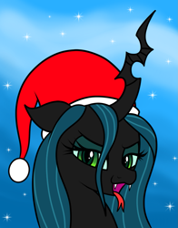 Size: 1177x1500 | Tagged: safe, artist:vomitvomiting, derpibooru exclusive, queen chrysalis, changeling, changeling queen, pony, g4, christmas, christmas changeling, female, gradient background, holiday, looking at you, snow, snowfall, solo, tongue out