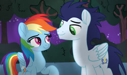 Size: 1280x764 | Tagged: safe, alternate version, artist:soarindasher10, rainbow dash, soarin', pegasus, pony, g4, blushing, duo, duo male and female, female, looking at each other, looking at someone, male, mare, movie accurate, outdoors, ship:soarindash, shipping, smiling, smiling at each other, stallion, straight