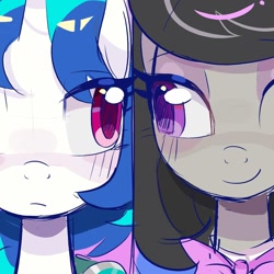 Size: 1000x1000 | Tagged: safe, artist:rlabbiy, dj pon-3, octavia melody, vinyl scratch, earth pony, pony, unicorn, g4, blushing, bowtie, close-up, detached collar, female, horn, lesbian, looking at each other, looking at someone, mare, one eye closed, ship:scratchtavia, shipping, smiling, wink