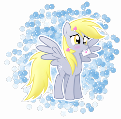 Size: 16000x15736 | Tagged: safe, artist:rainbownspeedash, derpy hooves, pegasus, pony, g4, absurd resolution, blushing, bubble, female, hairclip, heart, heart hairclip, letter, mare, mouth hold, solo, spread wings, wings