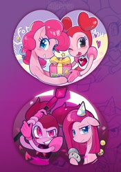 Size: 1645x2354 | Tagged: safe, artist:rlabbiy, pinkie pie, earth pony, gem (race), pony, g4, :d, crossover, duality, emoji, female, frown, gradient background, grin, happy, hat, heart, holding, looking at you, mare, one eye closed, open mouth, open smile, outline, party hat, pinkamena diane pie, present, rock, sad, smiling, spinel (steven universe), staff, steven universe, text, upper body, white outline, wink, zoom layer