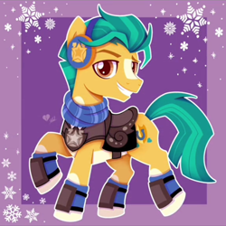 Size: 608x607 | Tagged: safe, artist:ghots_of_anarchy, hitch trailblazer, earth pony, pony, g4, g5, my little pony: make your mark, winter wishday, christmas, clothes, g5 to g4, generation leap, holiday, looking at you, male, passepartout, saddle, sheriff, sheriff's badge, solo, stallion, tack, winter outfit