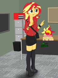 Size: 1620x2160 | Tagged: safe, artist:gibsterboy5, sunset shimmer, human, equestria girls, g4, bag, board, boots, clothes, complex background, cutie mark, ear piercing, earring, female, handbag, high heel boots, high heels, jacket, jewelry, leather, leather boots, leather jacket, leather skirt, long neck, miniskirt, office, piercing, platform boots, pointing, shelf, shoes, signature, skirt, solo, standing, table, text, trash can, wristband