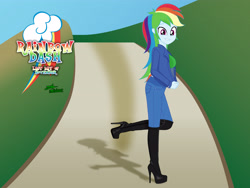 Size: 3840x2880 | Tagged: safe, artist:gibsterboy5, rainbow dash, human, equestria girls, g4, black shoes, boots, breasts, clothes, complex background, cute, cutie mark, dashabetes, denim, denim jacket, female, high heel boots, high heels, high res, jacket, jeans, leather, leather boots, looking at you, outdoors, pants, platform boots, platform heels, platform shoes, road, shadow, shirt, shoes, signature, smiling, smiling at you, solo, standing, standing on one leg, text