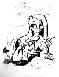 Size: 600x777 | Tagged: safe, artist:anonymous, pinkie pie, earth pony, pony, g4, crossed legs, drawthread, female, grayscale, leaning, leaning on shovel, mare, monochrome, pinkamena diane pie, requested art, shovel, snow, solo, tree