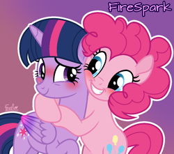 Size: 1020x903 | Tagged: safe, artist:firesparkmlp, pinkie pie, twilight sparkle, alicorn, earth pony, g4, blushing, female, hug, lesbian, ship:twinkie, shipping, smiling, twilight sparkle (alicorn)